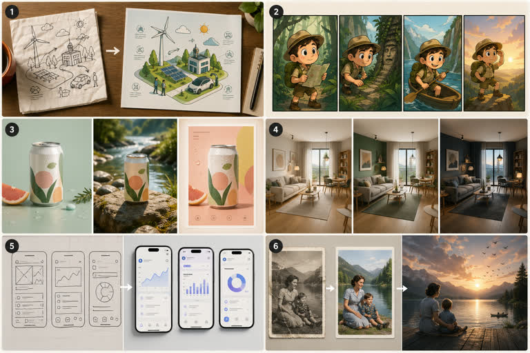 Single high-quality 2K landscape concept board showing six playful GPT Image 2 use. Topics: Interior Design, Lighting and Weather, Photoreal, Product Mockup, Storytelling, Typography, UI Mockup.