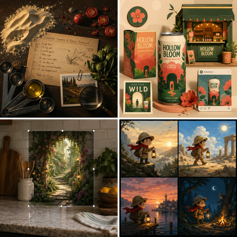 Second polished 2x2 contact sheet of derived GPT image generation play patterns, n. Topics: Evaluation, Lighting and Weather, Photoreal, Product Mockup, Prompt Game, Storytelling, Typography.