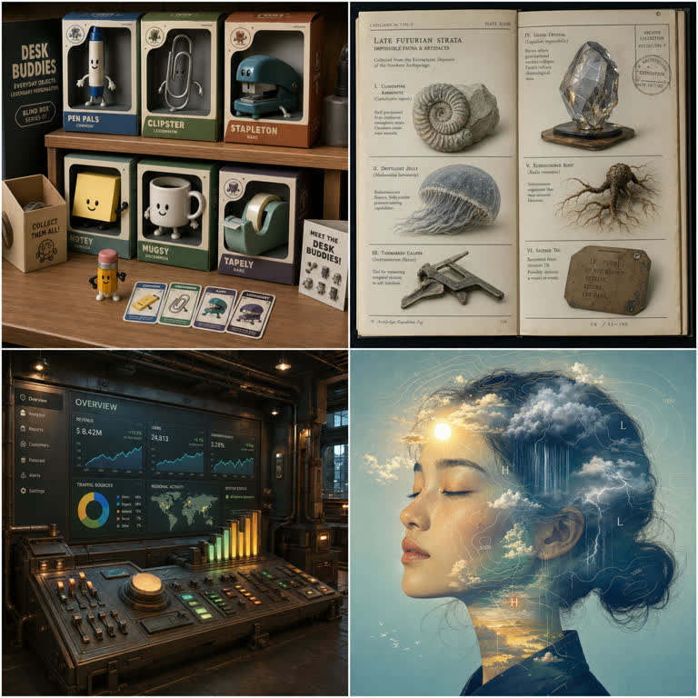 Polished 2x2 contact sheet titled visually by panel composition only, no large cap. Topics: Education, Interior Design, Panel, Product Mockup, Storytelling, Typography, UI Mockup, Worldbuilding.