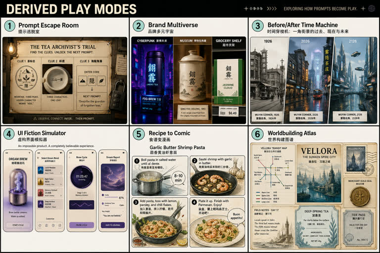 Derived Play Modes. Topics: Brand Multiverse, Product Mockup, Prompt Escape Room, Recipe To Comic, Time Machine Before After, UI Fiction Simulator, UI Mockup, Worldbuilding Atlas.