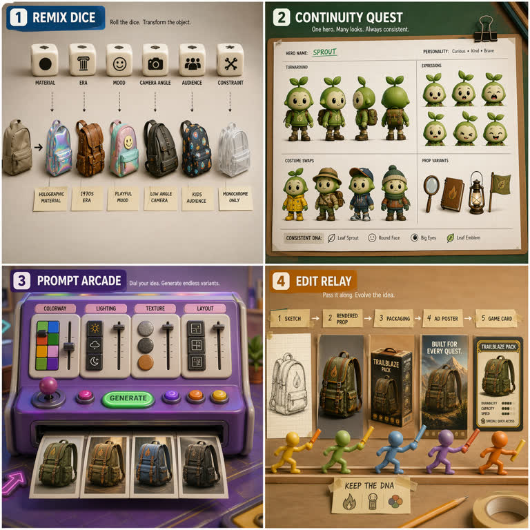 Use case: stylized-concept. Topics: Game Design, Material Study, Photoreal, Product Mockup, Storytelling, Stylized Concept, Typography, UI Mockup.
