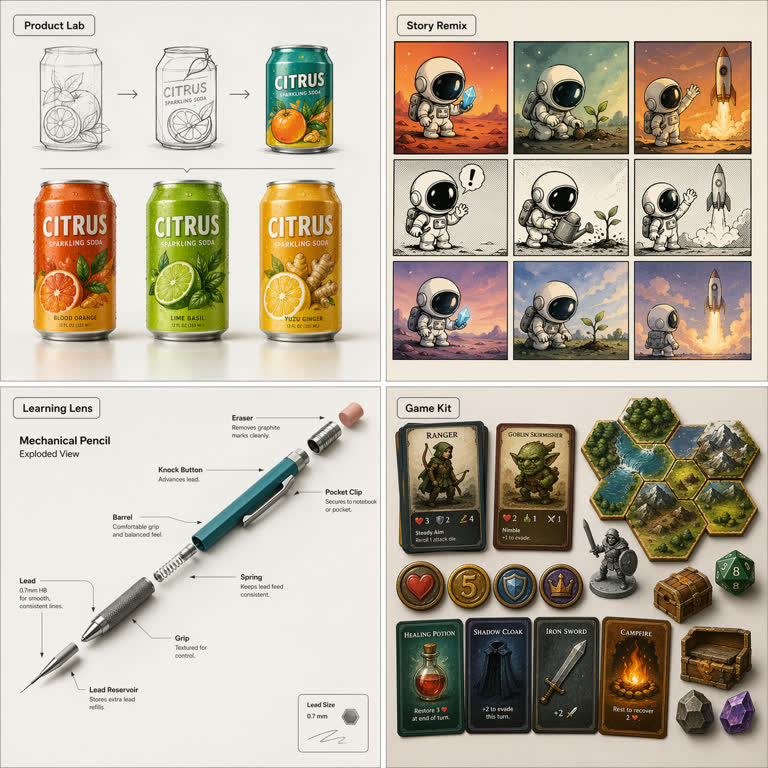 Use case: productivity-visual. Topics: Education, Game Design, Infographic, Material Study, Product Mockup, Productivity Visual, Storytelling, Worldbuilding.