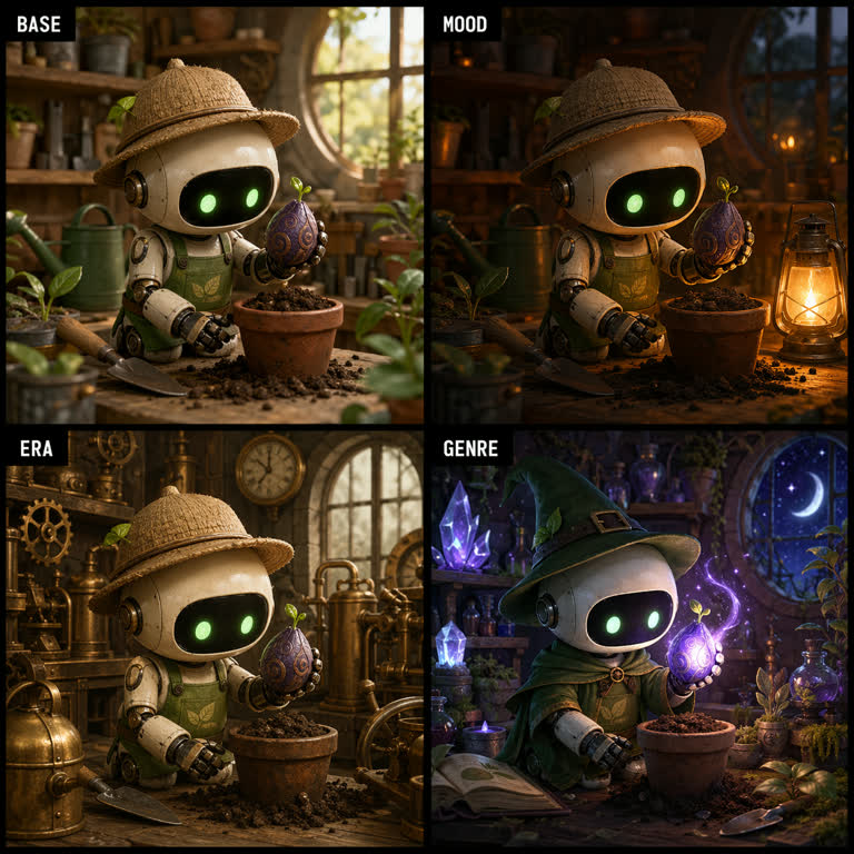 Use case: illustration-story. Topics: Game Design, Illustration Story, Lighting and Weather, Photoreal, Prompt Game, Storytelling.