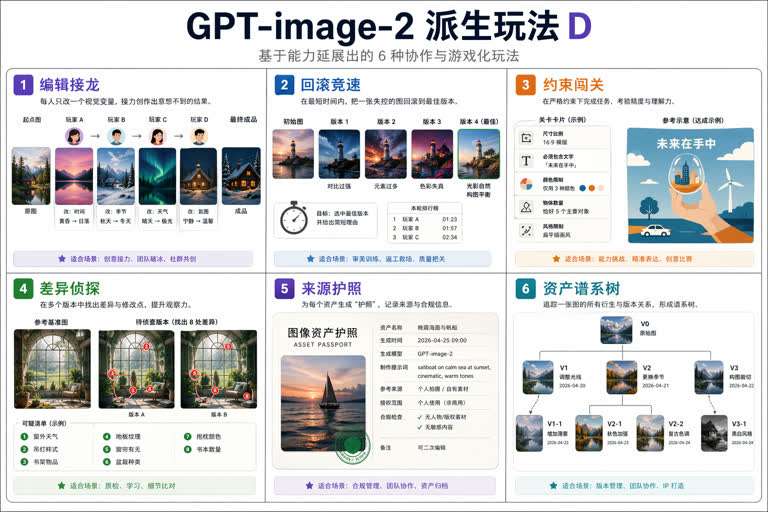 Polished 2K visual board of six DERIVED play modes based on the four new GPT-image. Topics: Evaluation, Game Design, Prompt Game, Storytelling, Typography.