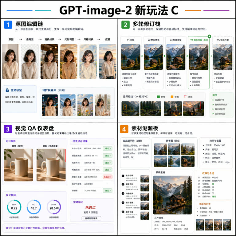 Polished 2K visual research board showing four NEW non-repeated GPT-image-2 use ca. Topics: Photoreal, Storytelling, Typography, UI Mockup.