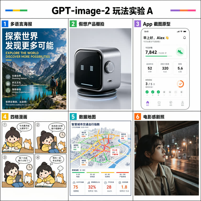Polished 2K visual research board showing six fun GPT-image-2 use cases as a singl. Topics: Infographic, Photoreal, Storytelling, Typography, UI Mockup, Worldbuilding.