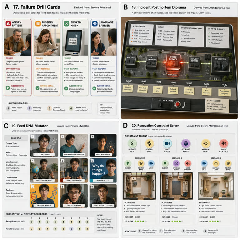 Second polished 2x2 contact sheet of DERIVED play modes from the four new GPT Imag. Topics: Game Design, Interior Design, Operations, Productivity Visual, Storytelling, Typography, UI Mockup, Worldbuilding.