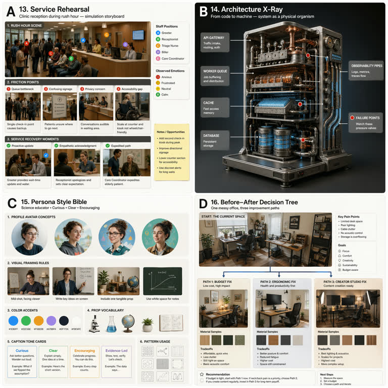 Polished 2x2 contact sheet of NEW, non-repeated GPT Image 2 playground use cases. Topics: Game Design, Interior Design, Material Study, Productivity Visual, Storytelling, Typography, UI Mockup, Worldbuilding.