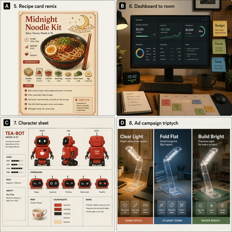 Second polished 2x2 contact sheet derived from the first group's ideas, exploring. Topics: Game Design, Interior Design, Lighting and Weather, Product Mockup, Productivity Visual, Storytelling, Typography, UI Mockup.