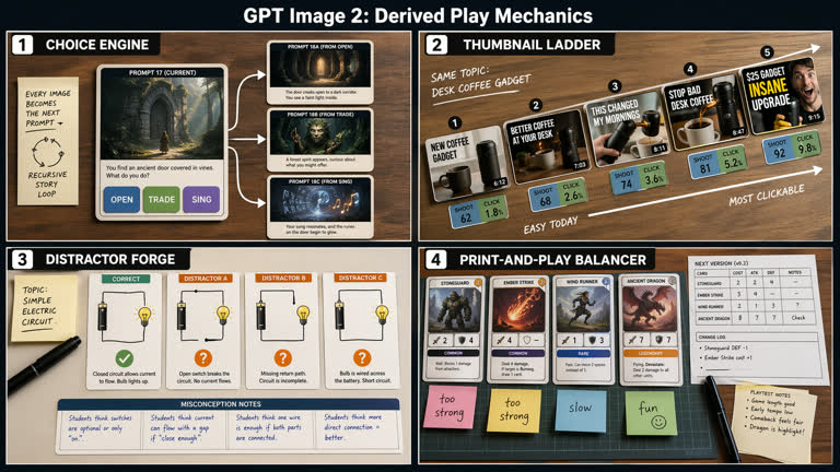 Polished 2x2 contact sheet titled "GPT Image 2: Derived Play Mechanics". Topics: Evaluation, Game Design, Infographic, Product Mockup, Storytelling, Typography.