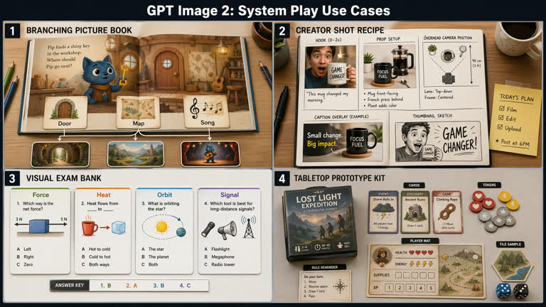 Polished 2x2 contact sheet titled "GPT Image 2: System Play Use Cases". Topics: Education, Game Design, Infographic, Product Mockup, Storytelling, Worldbuilding.