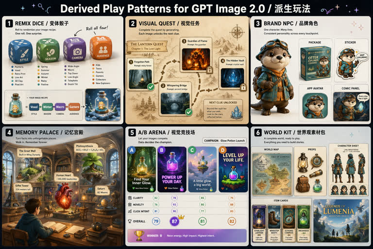 Second polished 2x3 visual research contact sheet titled "Derived Play Patterns fo. Topics: Evaluation, Game Design, Interior Design, Product Mockup, Storytelling, Typography, UI Mockup, Worldbuilding.