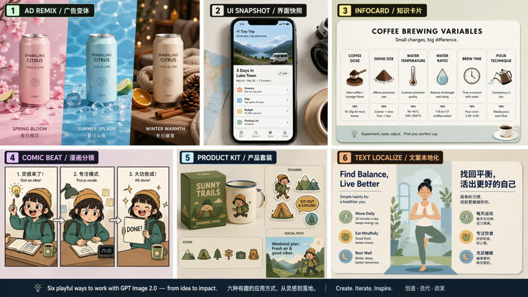 Polished 2x3 visual research contact sheet showcasing six playful GPT Image 2. Topics: Infographic, Product Mockup, Storytelling, Typography, UI Mockup.