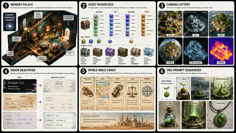 Polished 2x3 contact sheet of six NEW derived playful GPT Image 2 workflows, avoid. Topics: Game Design, Infographic, Interior Design, Material Study, Product Mockup, Storytelling, Typography, UI Mockup.
