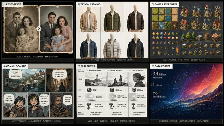 Polished 2x3 contact sheet of six NEW GPT Image 2 use-case concepts that explicitl. Topics: Game Design, Lighting and Weather, Photoreal, Product Mockup, Storytelling, Typography.