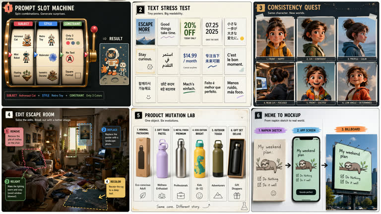 Polished 2x3 contact sheet of six playful derived GPT Image 2 workflows, building. Topics: Game Design, Interior Design, Material Study, Product Mockup, Prompt Game, Storytelling, Typography, UI Mockup.