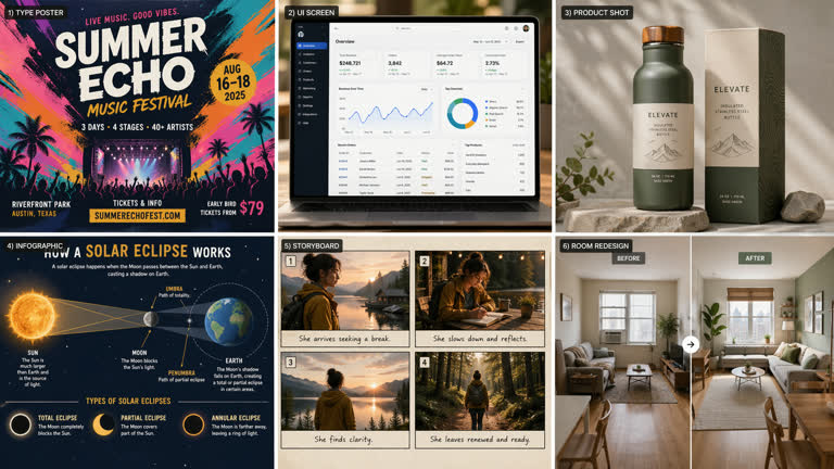 Polished 2x3 contact sheet of six distinct GPT Image 2 use-case concepts. Topics: Education, Infographic, Interior Design, Photoreal, Product Mockup, Storytelling, Typography, UI Mockup.