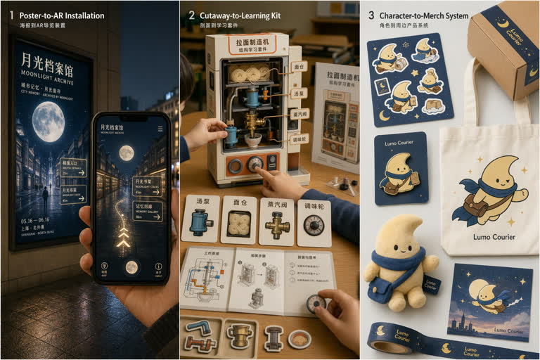 Single high-resolution 3-panel derived-play concept board. Topics: Education, Game Design, Photoreal, Product Mockup, Storytelling, Typography, UI Mockup.