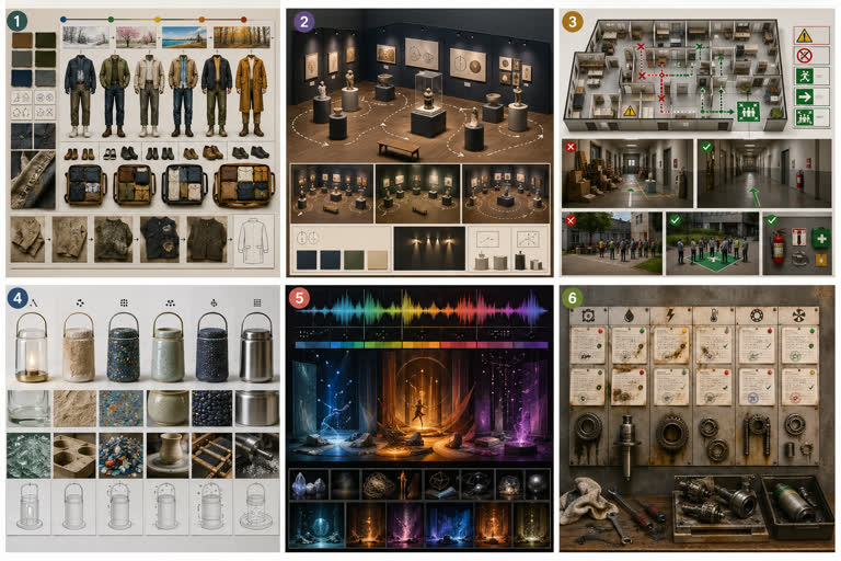Single high-quality landscape concept board showing six NEW playful GPT Image 2 us. Topics: Education, Game Design, Infographic, Product Mockup, Storytelling, Typography, UI Mockup, Worldbuilding.
