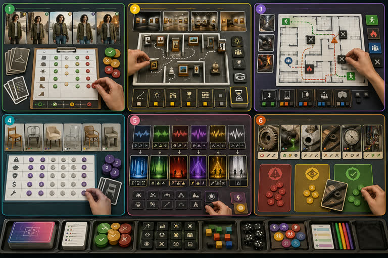 Second single high-quality landscape concept board showing six NEW derived game-li. Topics: Evaluation, Game Design, Material Study, Operations, Photoreal, Product Mockup, Sound to Scene, Storytelling.
