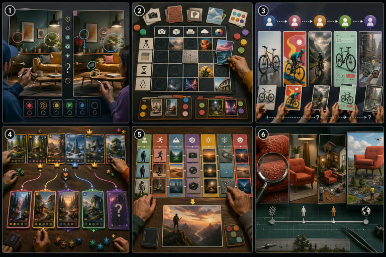 Single high-quality 2K landscape concept board showing six NEW derivative game-lik. Topics: Evaluation, Game Design, Material Study, Photoreal, Product Mockup, Storytelling, Typography, UI Mockup.