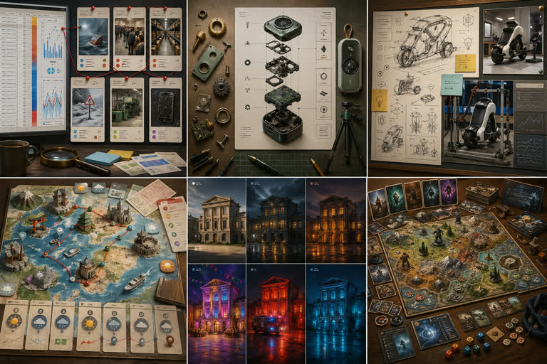 Single high-quality 2K landscape concept board showing six NEW playful GPT Image 2. Topics: Game Design, Infographic, Interior Design, Product Mockup, Storytelling, Typography, UI Mockup, Worldbuilding.