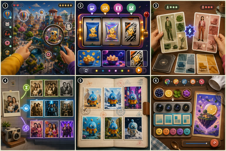 Second single high-quality 2K landscape concept board showing six derivative game-. Topics: Game Design, Interior Design, Photoreal, Product Mockup, Storytelling, Typography, UI Mockup, Worldbuilding.