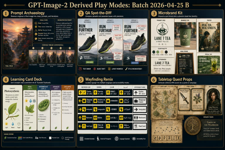 Derived Play Modes Batch B. Topics: Learning Card Deck, Microbrand Kit, Product Mockup, Prompt Archaeology, QA Spot The Diff, Tabletop Quest Props, Typography, Wayfinding Remix.