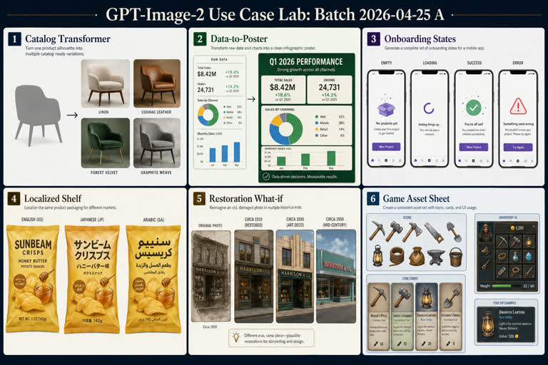 Use-case Lab Batch A. Topics: Catalog Transformer, Data To Poster, Game Asset Sheet, Localized Shelf Packaging, Onboarding State Machine, Product Mockup, Restoration What If, UI Mockup.
