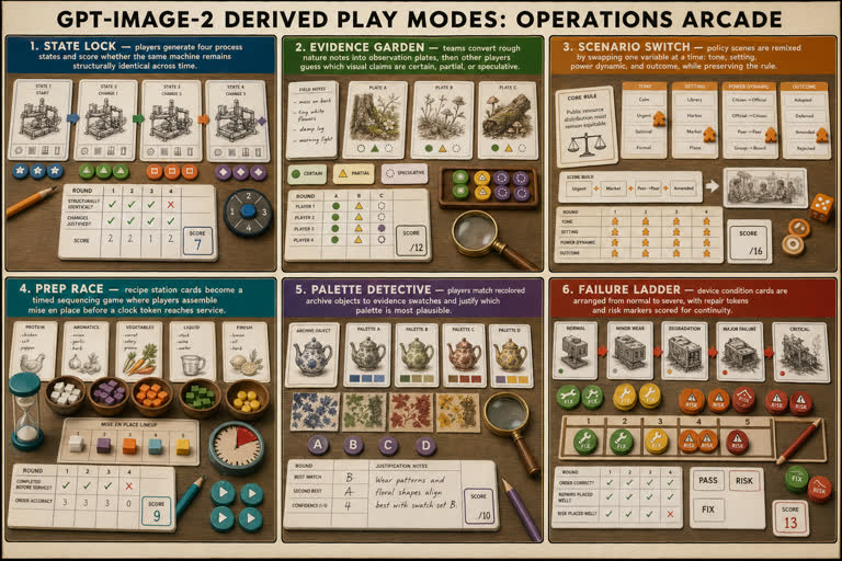 Operations Arcade. Topics: Evidence Garden, Failure Ladder, Infographic, Palette Detective, Prep Race, Scenario Switch, State Lock, Stylized Concept.