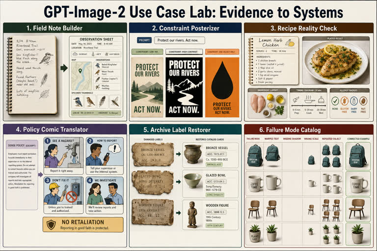 Use Case Lab: Evidence to Systems. Topics: Archive Label Restorer, Constraint Posterizer, Failure Mode Catalog, Field Note Builder, Policy Comic Translator, Product Mockup, Recipe Reality Check, UI Mockup.