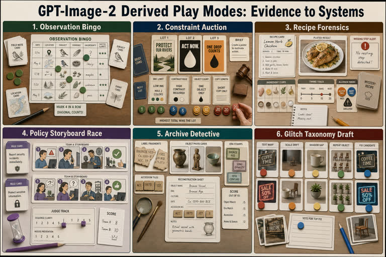 Derived Play Modes: Evidence to Systems. Topics: Archive Detective, Constraint Auction, Glitch Taxonomy Draft, Observation Bingo, Policy Storyboard Race, Product Mockup, Recipe Forensics, Typography.