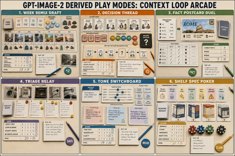 Derived Play Modes: Context Loop Arcade. Topics: Decision Thread, Fact Postcard Duel, Product Mockup, Shelf Spec Poker, Tone Switchboard, Triage Relay, Typography, Week Remix Draft.