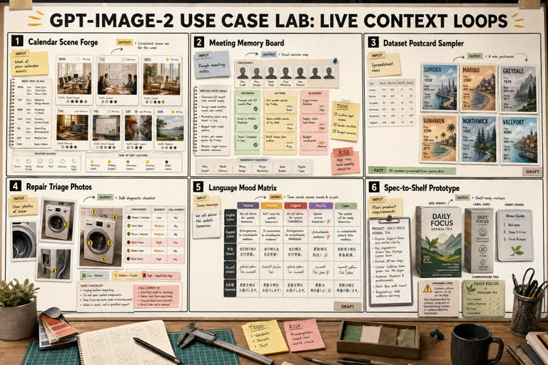 Use Case Lab: Live Context Loops. Topics: Calendar Scene Forge, Dataset Postcard Sampler, Language Mood Matrix, Meeting Memory Board, Product Mockup, Repair Triage Photos, Spec To Shelf Prototype, UI Mockup.