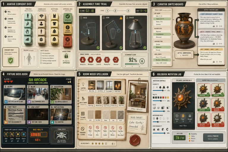 Second polished GPT Image 2 derived-play board as a single 3:2 landscape image, la. Topics: Education, Evaluation, Game Design, Infographic, Interior Design, Photoreal, Storytelling, UI Mockup.
