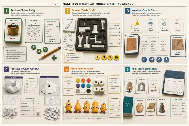 Derived Play Modes: Material Arcade. Topics: Drawer Tetris Draft, Mini Tour Stamp Rally, Mood Mascot Mixer, Product Mockup, Prototype Punch Out Duel, Texture Cipher Relay, Typography, Weather Oracle Cards.
