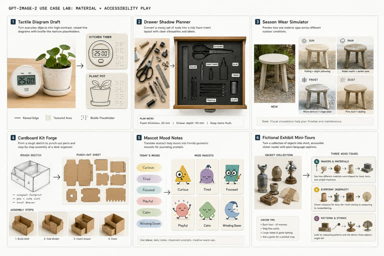 Use Case Lab: Material and Accessibility Play. Topics: Cardboard Kit Forge, Drawer Shadow Planner, Fictional Exhibit Mini Tours, Mascot Mood Notes, Product Mockup, Season Wear Simulator, Tactile Diagram Draft, Typography.