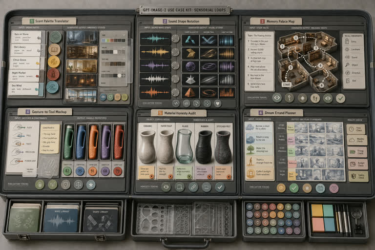 Use Case Kit: Sensorial Loops. Topics: Dream Errand Planner, Gesture To Tool Mockup, Material Honesty Audit, Memory Palace Map, Scent Palette Translator, Sound Shape Notation, Storytelling, Typography.
