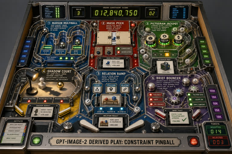 Derived Play: Constraint Pinball. Topics: Brief Bouncer, Evaluation, Game Design, Margin Multiball, Mask Peek, Pictogram Jackpot, Relation Ramp, Shadow Court.