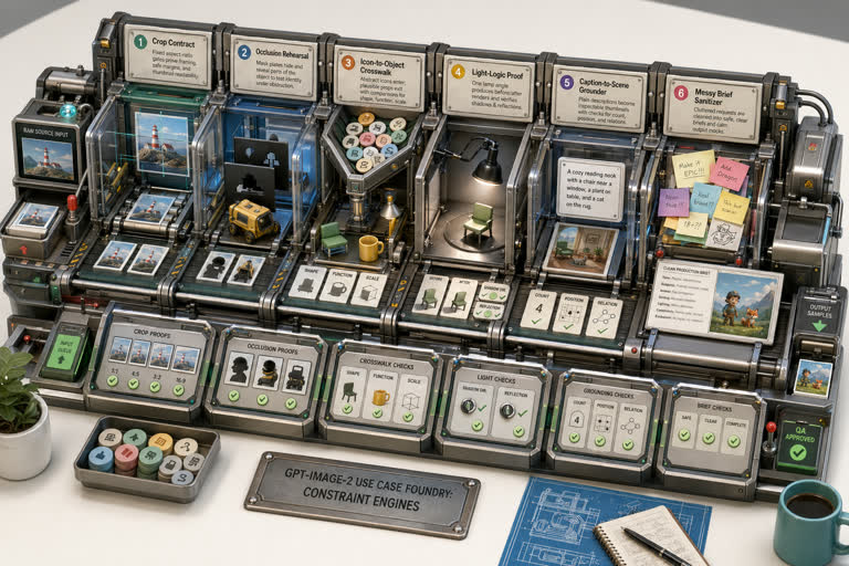 Use Case Foundry: Constraint Engines. Topics: Caption Scene Grounder, Crop Contract, Game Design, Icon Object Crosswalk, Light Logic Proof, Messy Brief Sanitizer, Occlusion Rehearsal, Product Mockup.