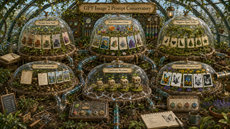 Use Case Conservatory: Prompt Ecosystems. Topics: Accessibility Pollinator View, Caption Compost Bin, Continuity Mycelium, Negative Space Trellis, Prompt Seed Vault, Style Pollination Dome, Stylized Concept, UI Mockup.