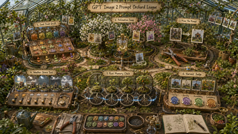 Derived Play: Prompt Orchard League. Topics: Harvest Judge, Pollination Swap, Prune The Prompt, Root Memory Chain, Seed Trait Draft, Stylized Concept, UI Mockup, Weather Stress Test.