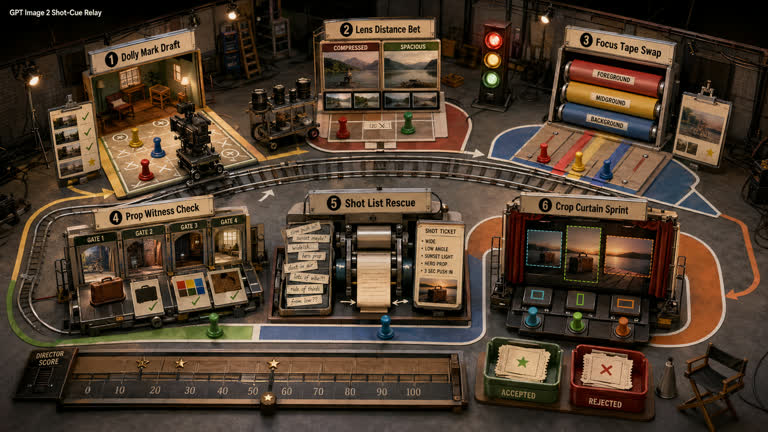 Derived Play: Shot-Cue Relay. Topics: Crop Curtain Sprint, Dolly Mark Draft, Focus Tape Swap, Game Design, Lens Distance Bet, Prop Witness Check, Shot List Rescue, UI Mockup.