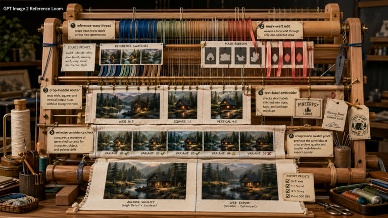 Use Case Loom: Reference Weaving. Topics: Compression Swatch Proof, Crop Heddle Router, Mask Weft Edit, Product Mockup, Reference Warp Thread, Selvedge Consistency Check, Storytelling, Text Label Embroider.