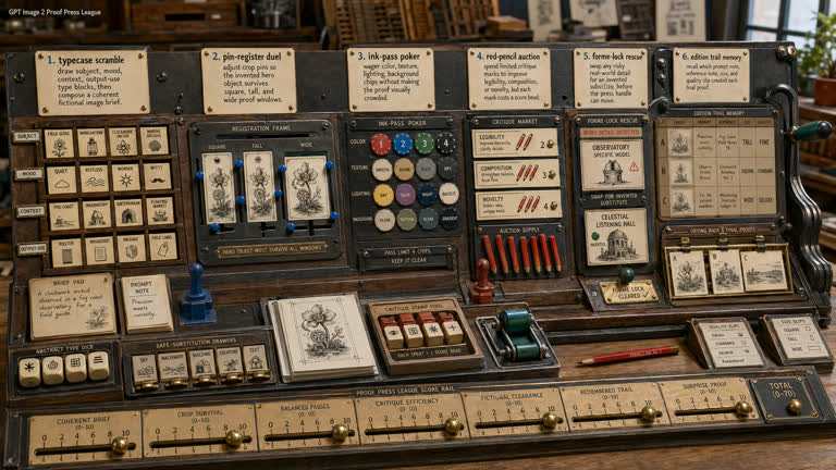 Derived Play: Proof Press League. Topics: Edition Trail Memory, Forme Lock Rescue, Game Design, Ink Pass Poker, Pin Register Duel, Product Mockup, Red Pencil Auction, Typecase Scramble.