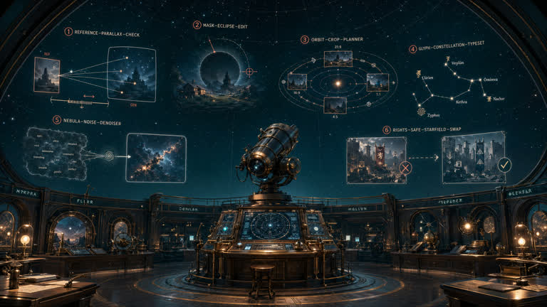 Use Case Planetarium: Image Navigation. Topics: Game Design, Glyph Constellation Typeset, Infographic, Mask Eclipse Edit, Nebula Noise Denoiser, Orbit Crop Planner, Reference Parallax Check, Rights Safe Starfield Swap.