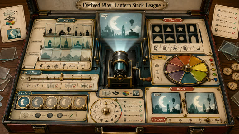 Derived Play: Lantern Stack League. Topics: Blackout Mask Tray, Continuity Echo Token, Gel Wheel Tint, Illustration Story, Projection Score Window, Registration Peg Track, Slide Layer Draft, UI Mockup.