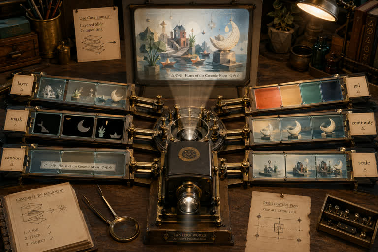 Use Case Lantern: Layered Slide Compositing. Topics: Blackout Mask Prompt, Caption Register Strip, Color Gel Mood Control, Continuity Stack Check, Layer Separation Slide, Productivity Visual, Scale Shift Registration, UI Mockup.