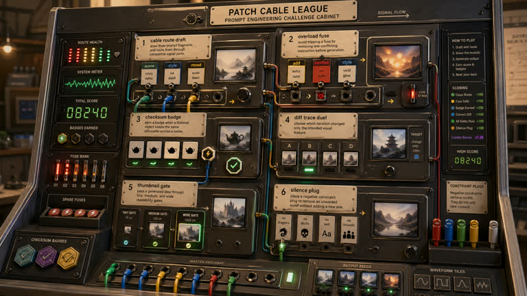 Derived Play: Patch Cable League. Topics: Cable Route Draft, Checksum Badge, Diff Trace Duel, Overload Fuse, Product Mockup, Silence Plug, Thumbnail Gate, Typography.