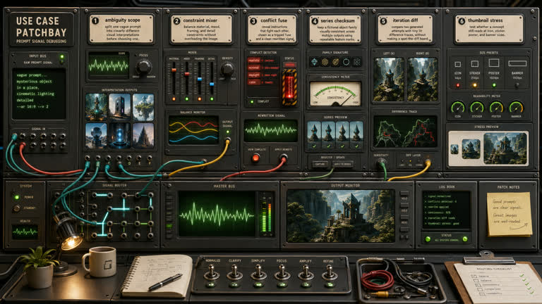 Use Case Patchbay: Prompt Signal Debugging. Topics: Ambiguity Scope, Conflict Fuse, Constraint Mixer, Iteration Diff, Product Mockup, Series Checksum, Thumbnail Stress, Typography.